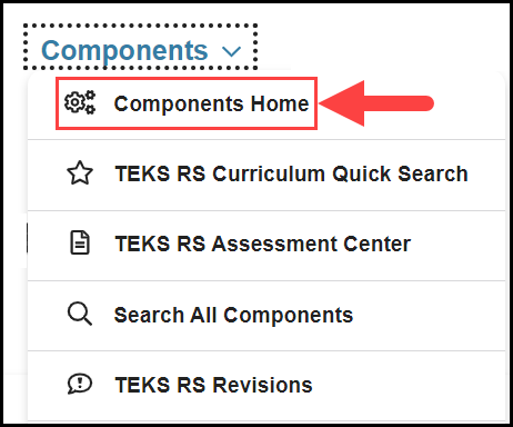 opened components navigation drop down with an arrow pointing to the components home option