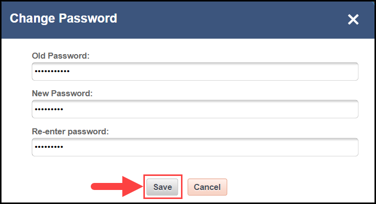 change password modal with an arrow pointing to the save button along the bottom