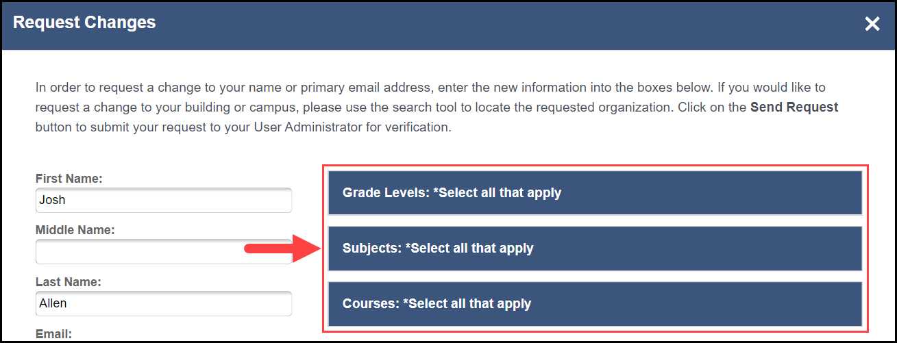 request changes modal with an outline around the grade levels, subjects, and courses drop down bars