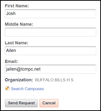 request changes modal displaying the name, email address, and organization form fields