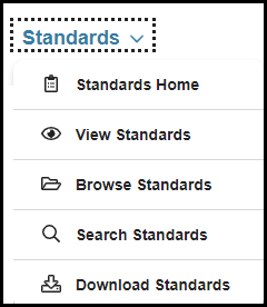 opened standards navigation drop down showing available menu options
