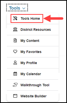 opened tools navigation drop down with arrow pointing to tools home option