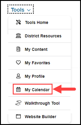 opened tools navigation drop down with arrow pointing to my calendar option