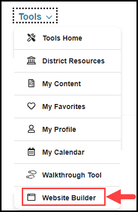 opened tools navigation drop down with arrow pointing to website builder option