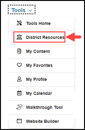 opened tools navigation drop down with arrow pointing to district resources option