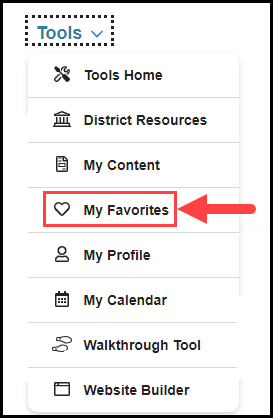 opened tools navigation drop down with arrow pointing to my favorites option