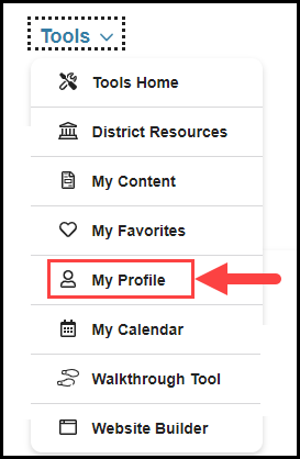 opened tools navigation drop down with arrow pointing to my profile option