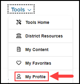 opened tools drop down menu in the site's main navigation bar with an arrow pointing to the my profile option