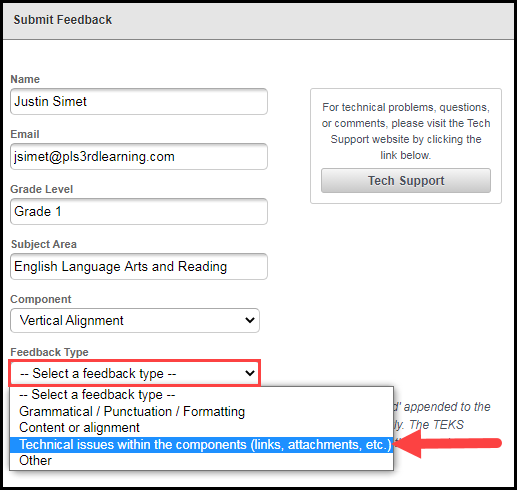 submit feedback modal displaying form fields and feedback type drop down menu opened with arrow pointing to technical issues option