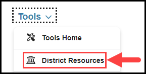 website's main navigation menu with the tools drop down opened and an arrow pointing to the district resources option