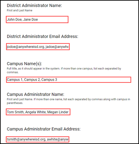 district change request form with outlined fields for district admin name, district admin email, campus name, campus admin name, and campus admin email