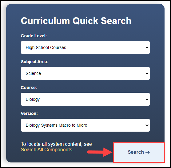 curriculum quick search box with search button outlined and arrow pointing to it