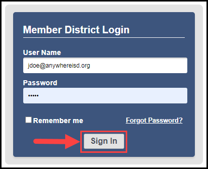 district login screen with arrow pointed at sign in button