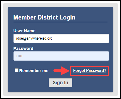 district login screen with arrow pointed at forgot password link