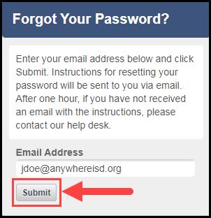 forgot your password screen with arrow pointed at submit button