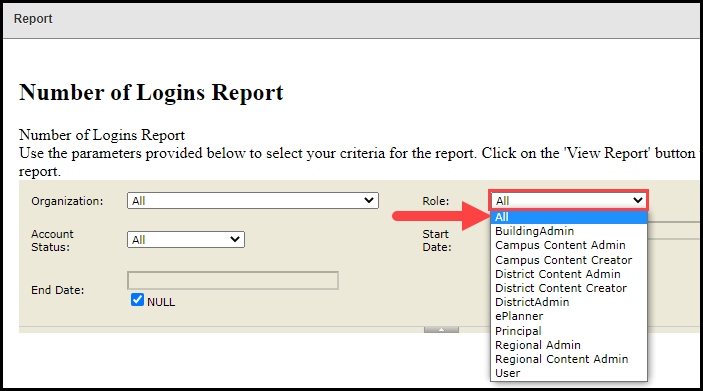 login report modal with role filter outlined and arrow pointing to the all option