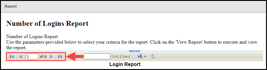 login report results list with page navigation buttons outlined and arrow pointing to them