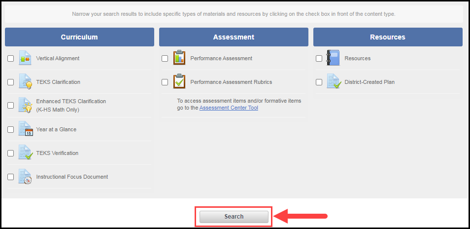 curriculum assessment and resources check box filter options with arrow pointing to search button