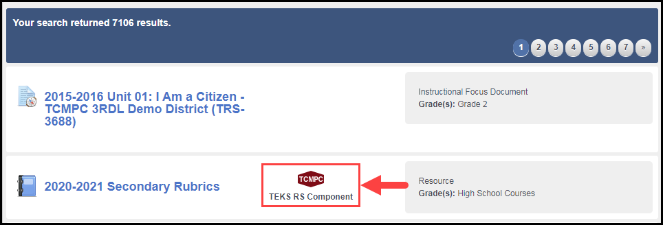 search results list with sample document displaying teks rs component tcmpc icon next to it