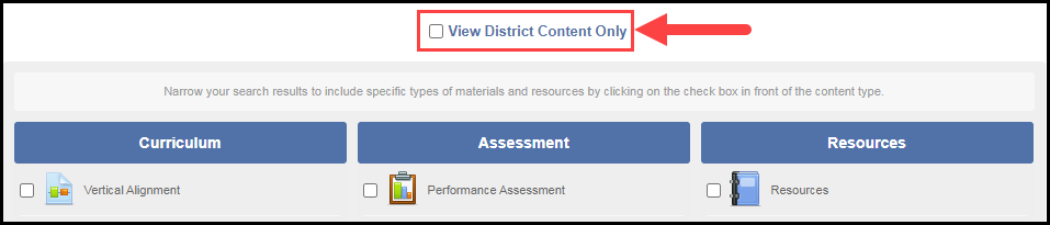 curriculum quick search page with view district content only filter outlined