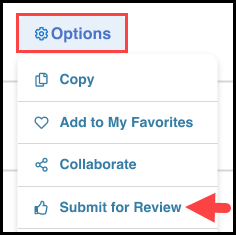 outline around the options button associated with a sample yag and an arrow pointing to the submit for review option