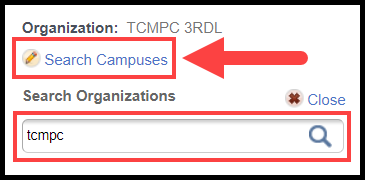 request a change modal with arrow pointing to search campuses link, and search organizations text entry field outlined