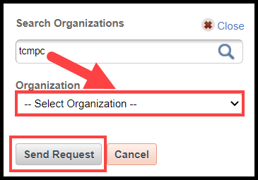 request a change modal with arrow pointing to organization selector menu, and send request button outlined