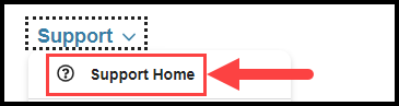 opened support navigation drop down with arrow pointing to support home option