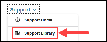opened support navigation drop down with arrow pointing to support library option