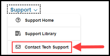 opened support navigation drop down with arrow pointing to contact tech support option