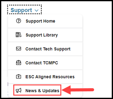 opened support navigation drop down with arrow pointing to news and updates option