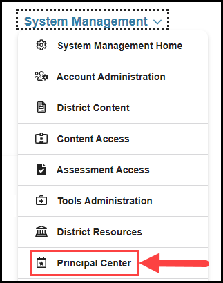 opened system management navigation drop down with arrow pointing to principal center option