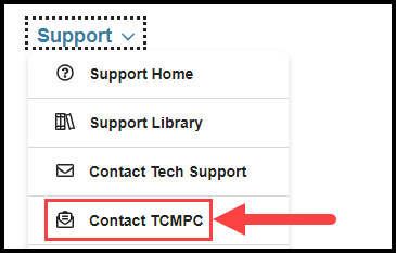opened support navigation drop down with arrow pointing to contact tcmpc option