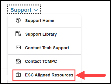 opened support navigation drop down with arrow pointing to esc aligned resources option