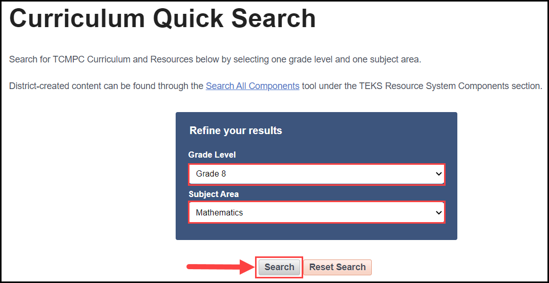 curriculum quick search page with grade level and subject area filters outlined and arrow pointing to search button