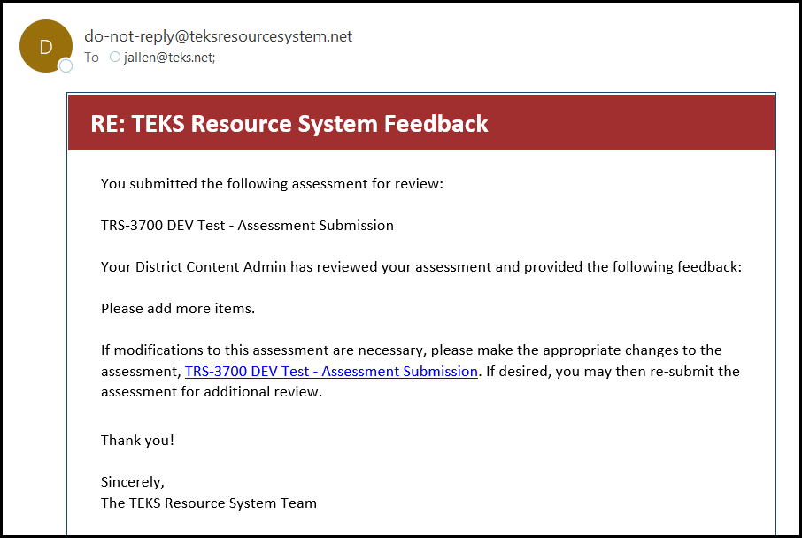 system generated email with a sample feedback message containing a hyperlink to the sample assessment itself