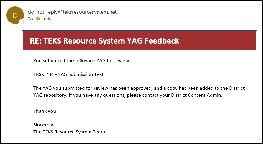 system generated email with a message explaining that a copy of the yag has been added to the district repository