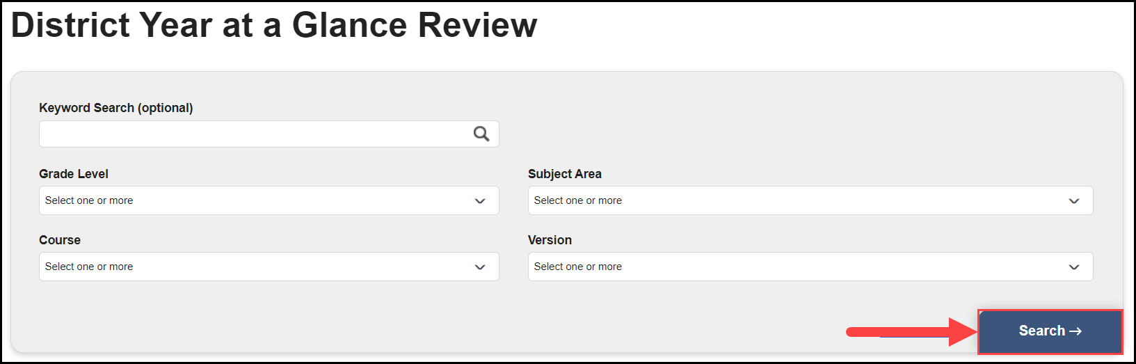 district yag review search filters with an arrow pointing to the search button