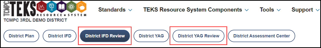 navigation menu area of the district content landing page with outlines around the district ifd review button and district yag review button