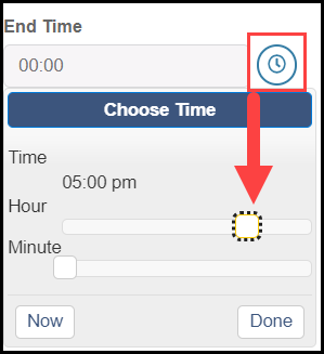 create a new check for understanding window with an outline around the clock icon button and an arrow pointing to the hour and minute slider tool