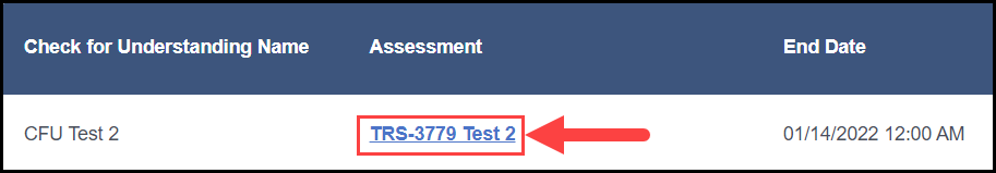 sample check for understanding row in the queue section with an arrow pointing to the hyperlinked assessment title