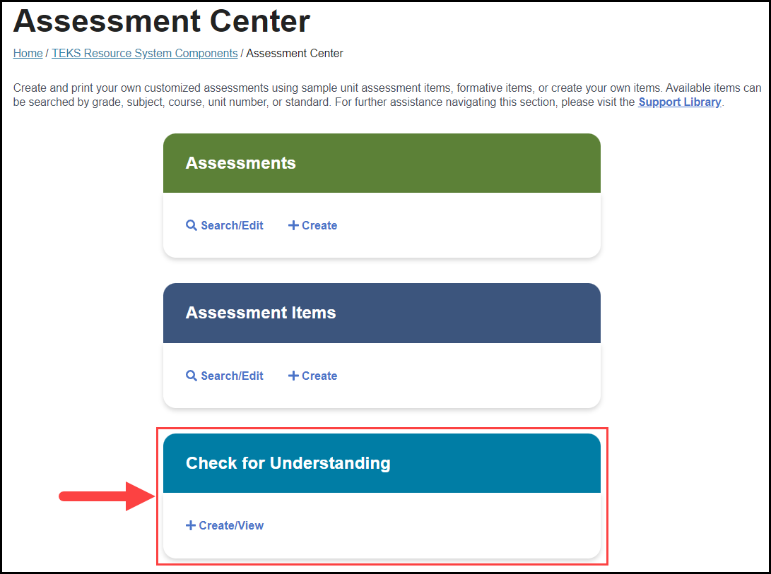 assessment center landing page with an arrow pointing to the check for understanding section near the bottom of the page
