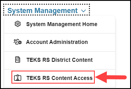 opened system management navigation menu with an arrow pointing to the teks rs content access option
