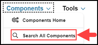opened components navigation drop down menu with an arrow pointing to the search all components option