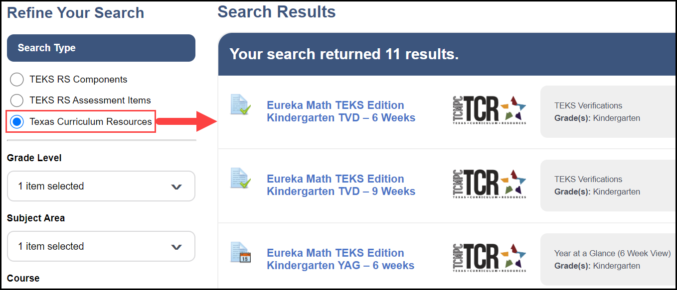 search all components page with the t c r filter highlighted and an arrow pointing to the kindergarten mathematics component titles in the search results area of the page
