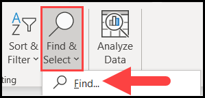 top right corner of excel spreadsheet menu with the find and select feature highlighted and an arrow pointing to the find option