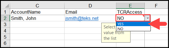 excel spreadsheet data displayed with the no cell highlighted under the t c r access column and an arrow pointing to the menu option titled yes
