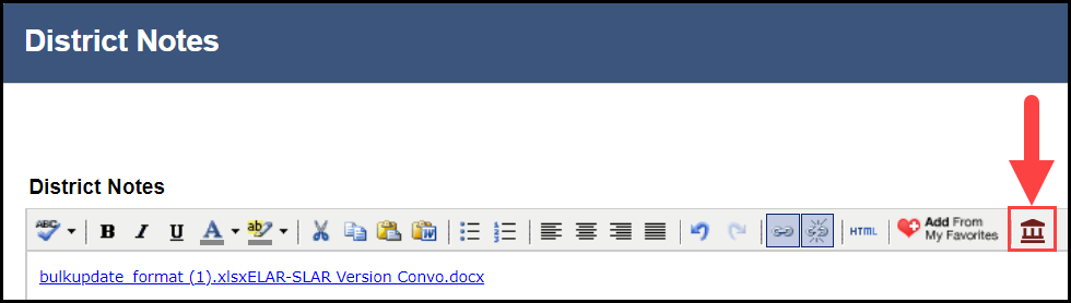 district notes section of instructional focus document with an arrow pointing to the district resources manager icon in the text editor menu